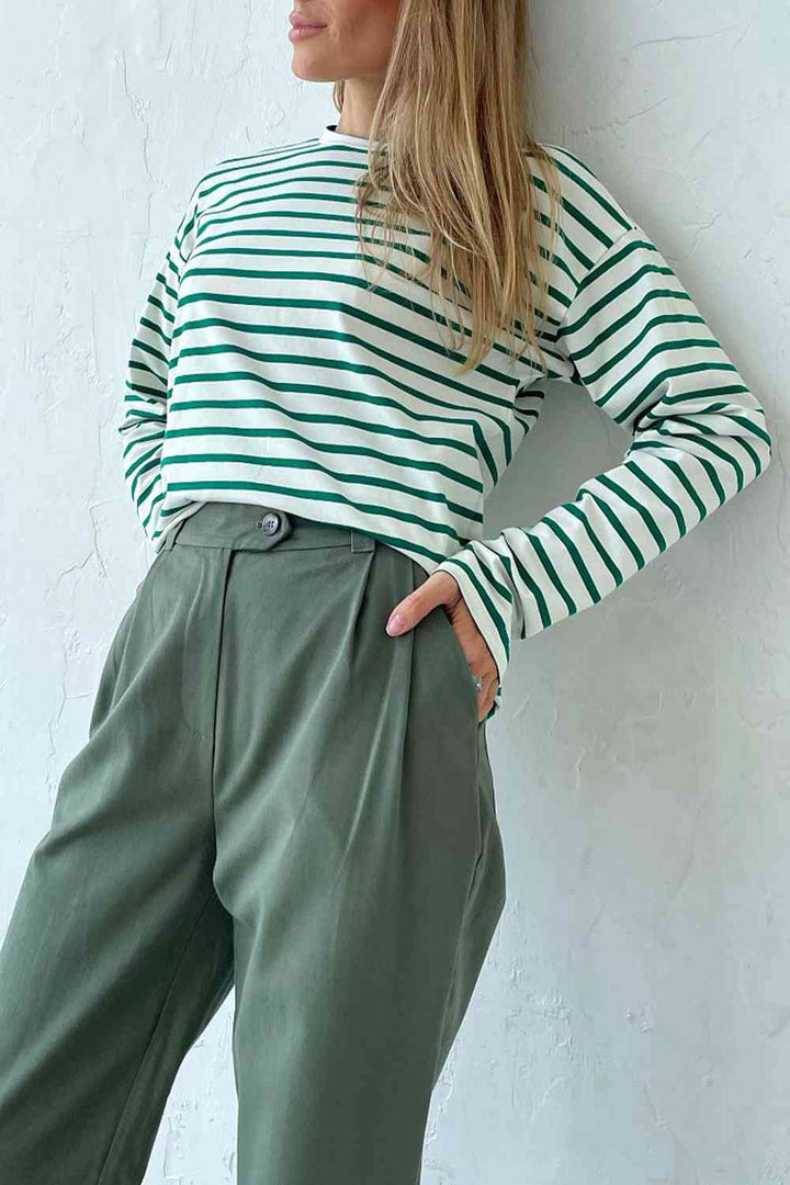 Round Neck Striped Dropped Shoulder T-Shirt | 1mrk.com