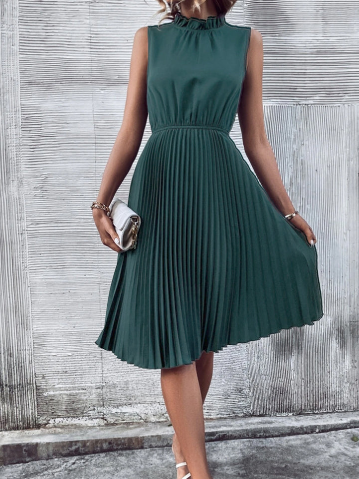 Pleated Frill Mock Neck Sleeveless Dress | Trendsi