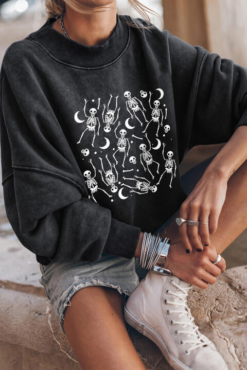 Skeleton Graphic Round Neck Long Sleeve Sweatshirt |1mrk.com