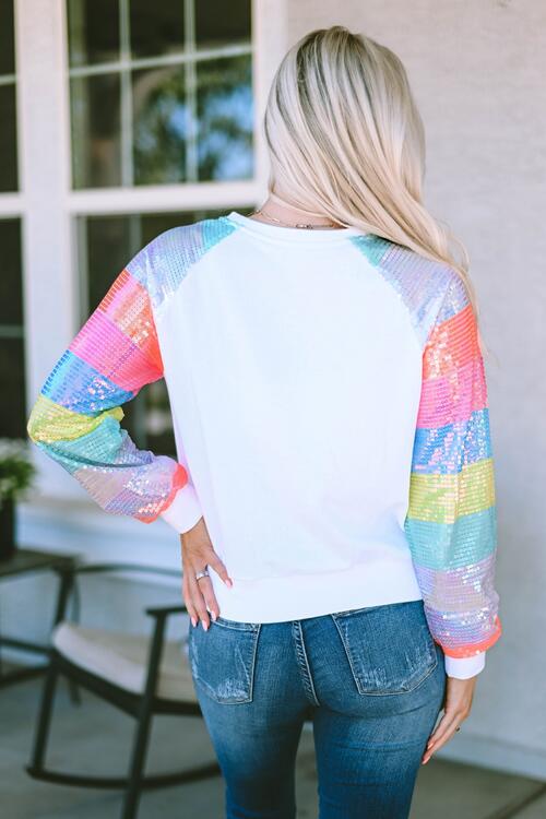 Sequin Round Neck Color Block  Sleeve Sweatshirt |1mrk.com