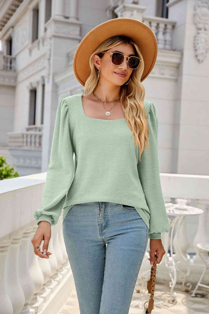 Waffle-Knit Puff Sleeve Square Neck Top | 1mrk.com