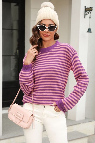 Striped Round Neck Dropped Shoulder Sweater |1mrk.com