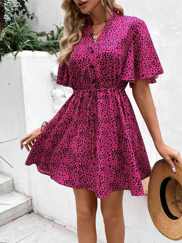 Printed Drawstring Waist Flutter Sleeve Dress |1mrk.com