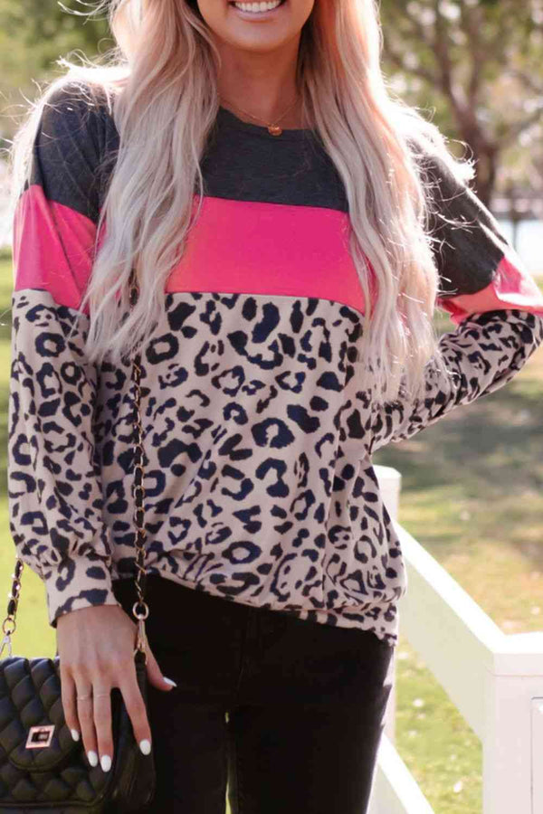 Leopard Print Color Block Long-Sleeve Top |1mrk.com