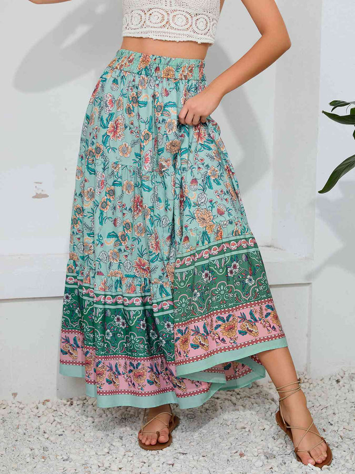 Bohemian Print Smocked Waist Maxi Skirt |1mrk.com