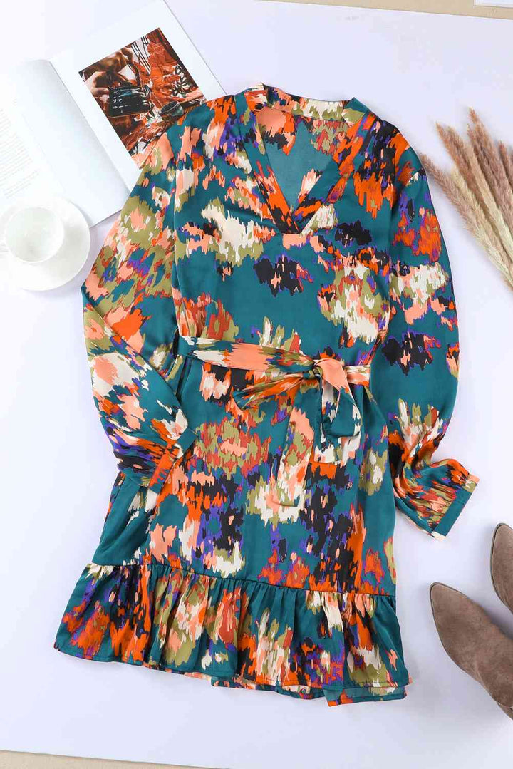 Abstract Print Belted Ruffle Hem Dress |1mrk.com