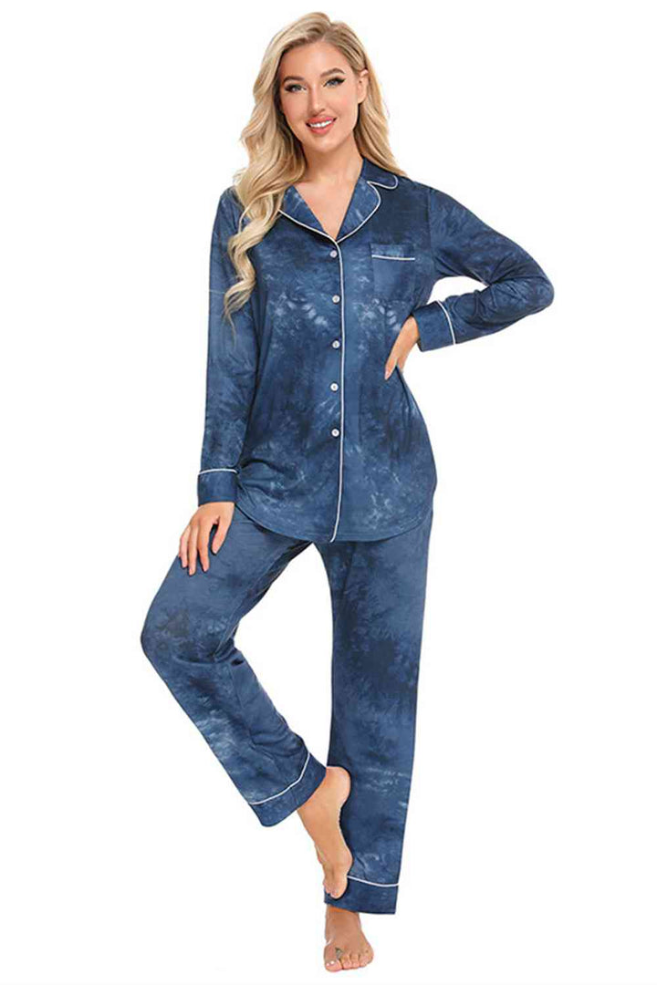 Collared Neck Long Sleeve Loungewear Set with Pockets | 1mrk.com