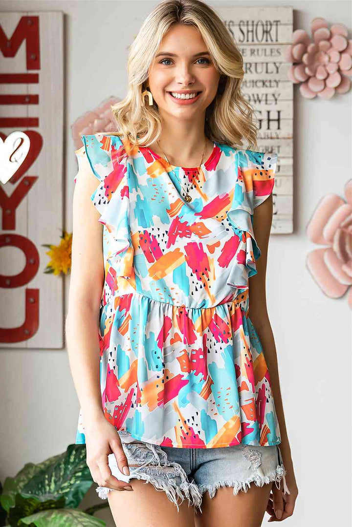 Printed Round Neck Ruffled Peplum Top | 1mrk.com