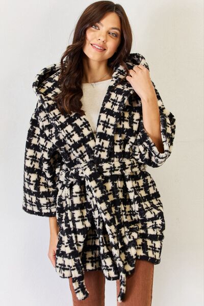 J.NNA Fuzzy Plaid Waist Tie Hooded Robe Cardigan |1mrk.com