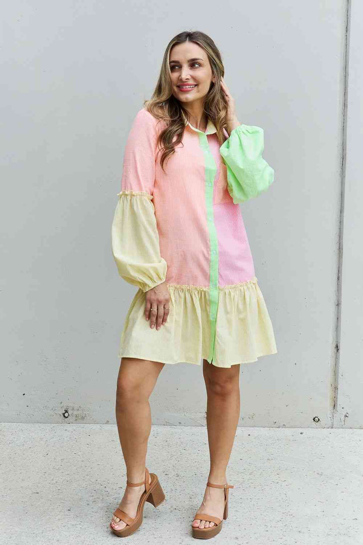 Davi & Dani Flying Colors Full Size Colorblock Long Sleeve Shirt Dress | 1mrk.com