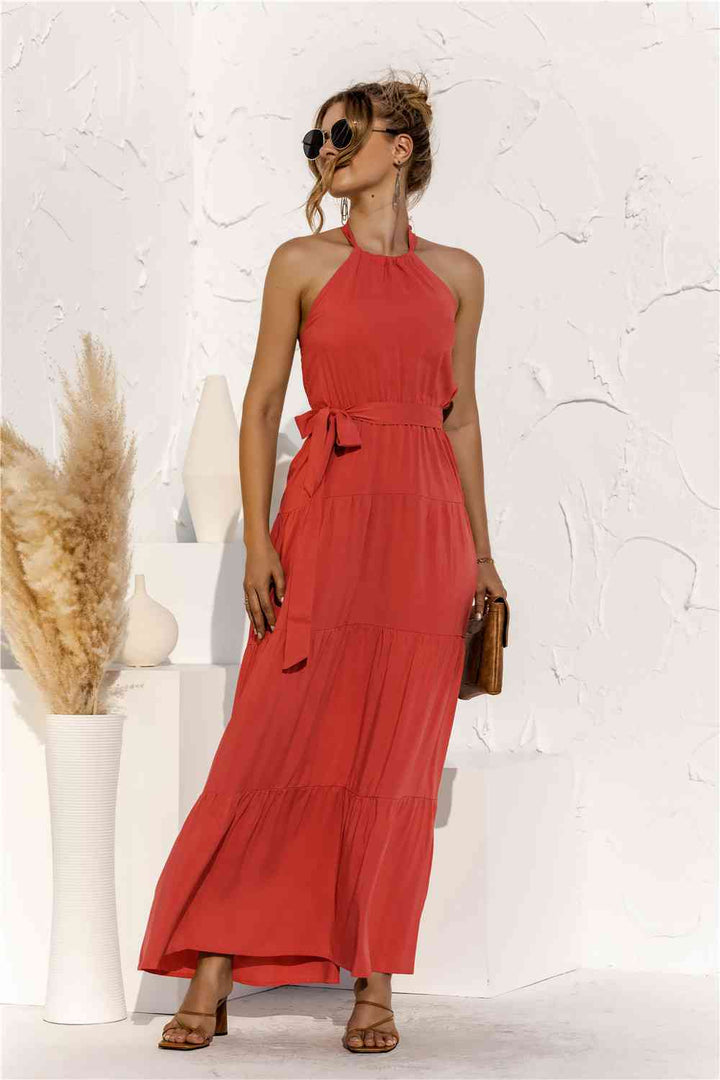 Halter Neck Tie Waist Tiered Maxi Dress |1mrk.com