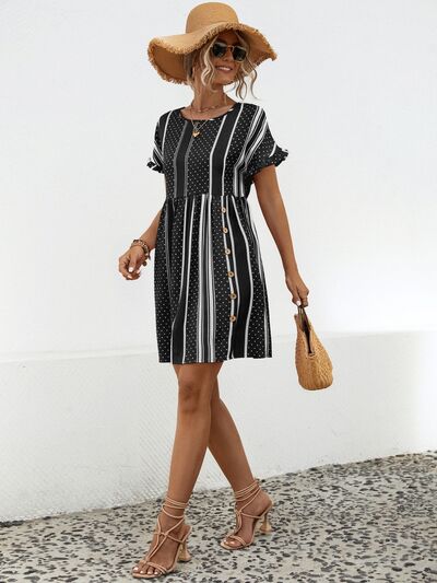 Striped Polka Dot Frill Short Sleeve Mini Dress |1mrk.com