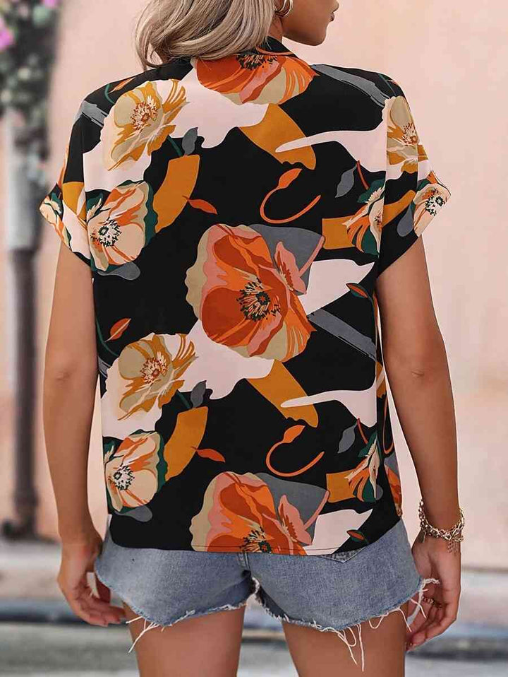 Printed Notched Neck Short Sleeve Blouse | 1mrk.com