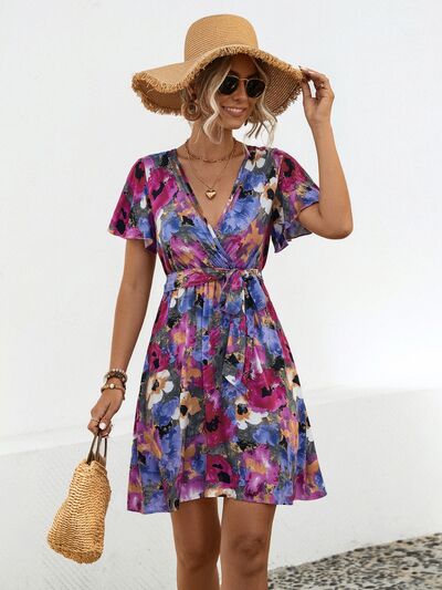 Printed Surplice Tie Waist Mini Dress |1mrk.com