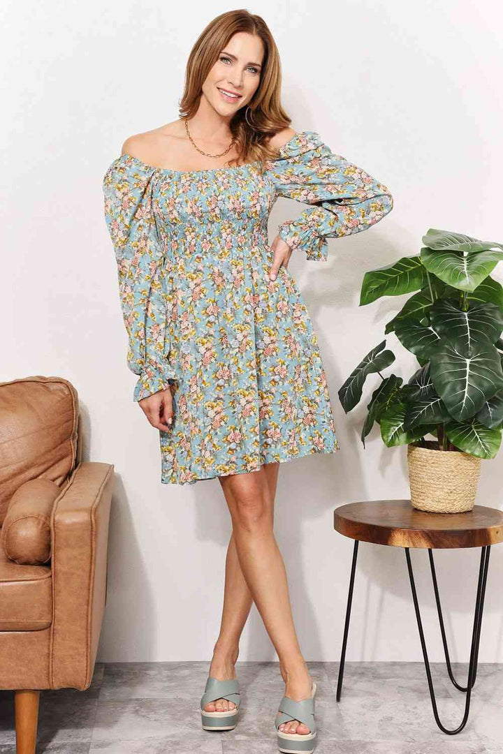 Double Take Floral Smocked Flounce Sleeve Square Neck Dress |1mrk.com