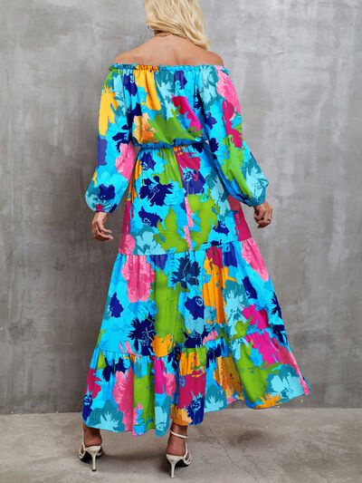 Printed Off-Shoulder Balloon Sleeve Tiered Dress |1mrk.com