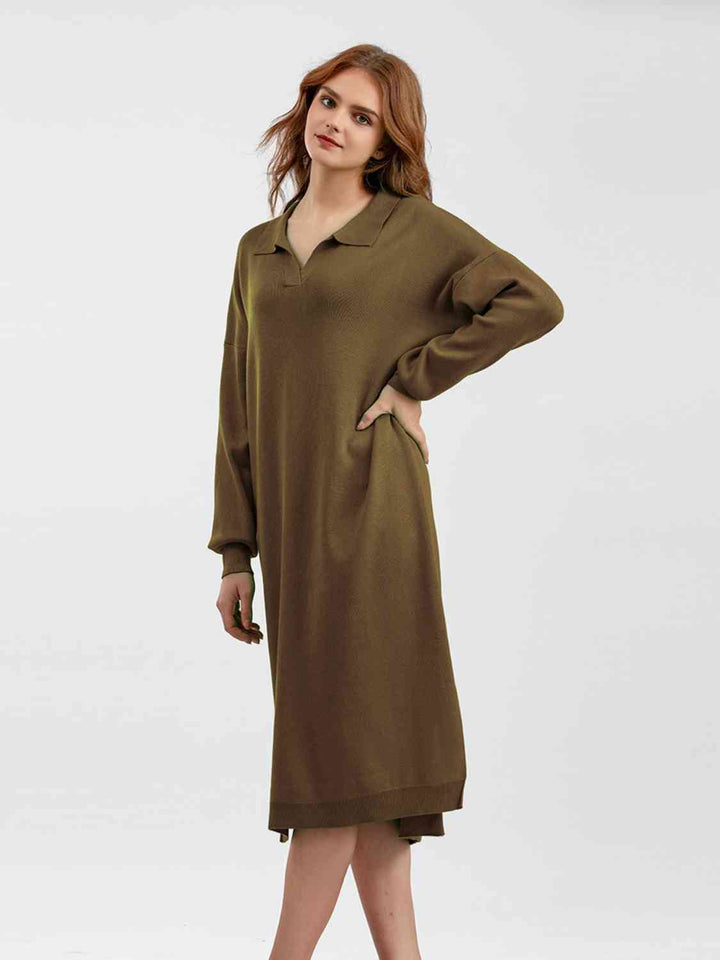 Johnny Collar Long Sleeve Slit Sweater Dress |1mrk.com