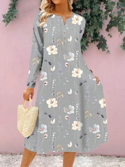 Floral Notched Long Sleeve Midi Dress |1mrk.com