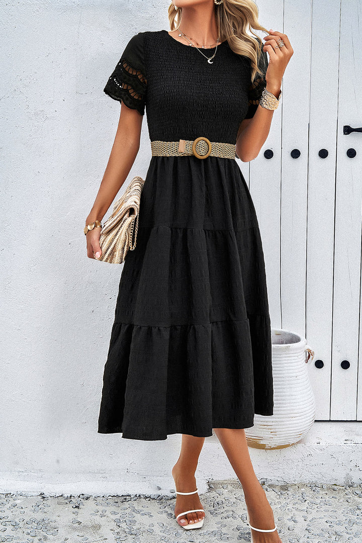 Smocked Round Neck Short Sleeve Midi Dress | Trendsi