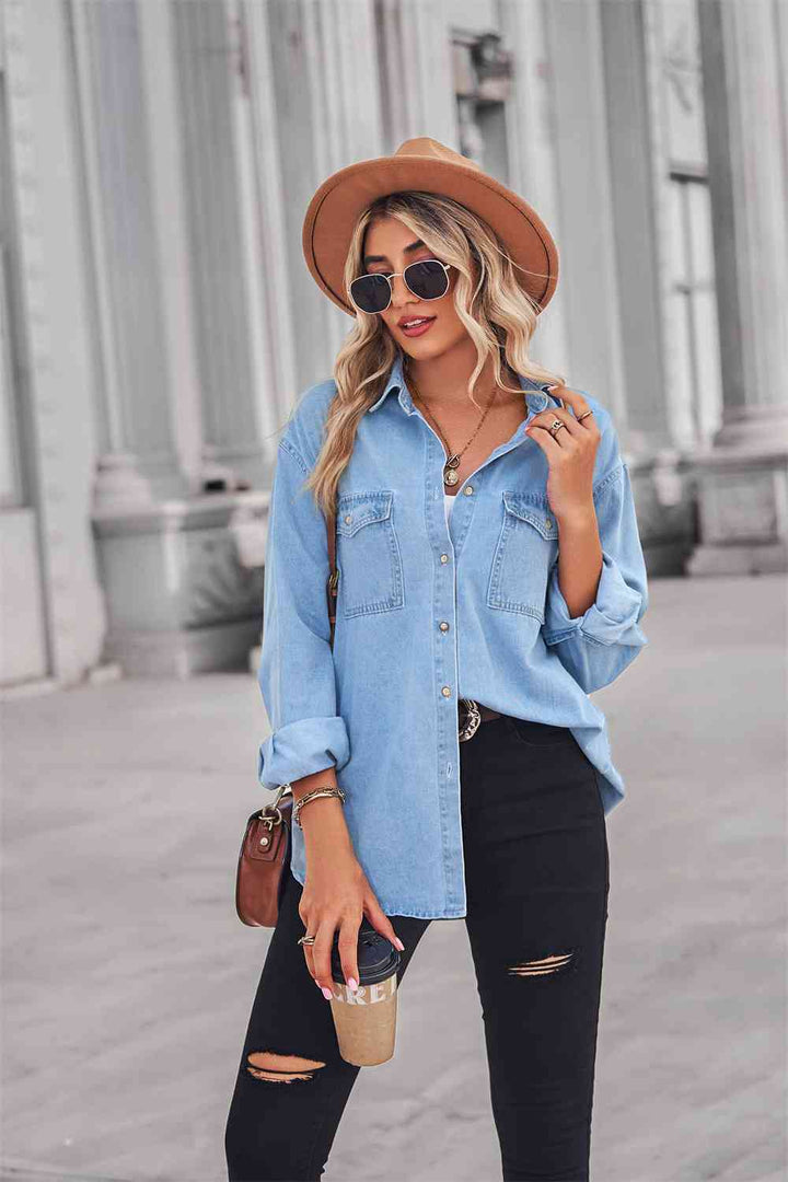 Collared Neck Dropped Shoulder Denim Top | 1mrk.com