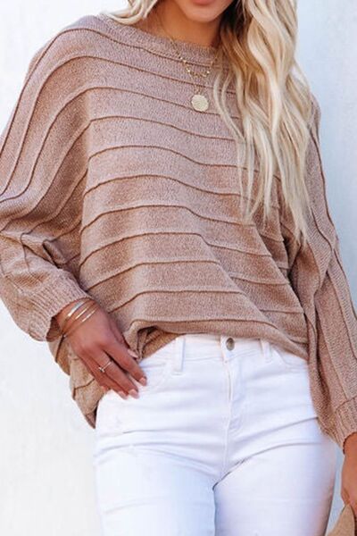 Striped Ribbed Trim Round Neck Sweater |1mrk.com