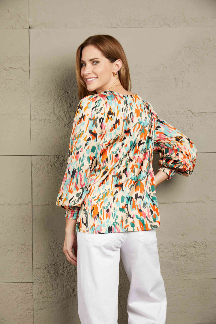 Double Take Multicolored V-Neck Lantern Sleeve Shirt |1mrk.com