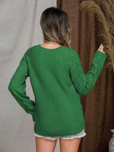 Openwork Round Neck Raglan Sleeve Sweater |1mrk.com