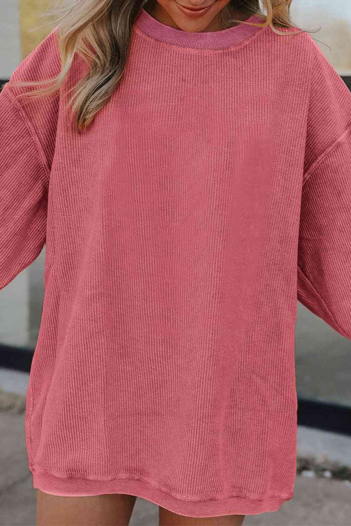 Ribbed Round Neck Drop Shoulder Sweatshirt |1mrk.com