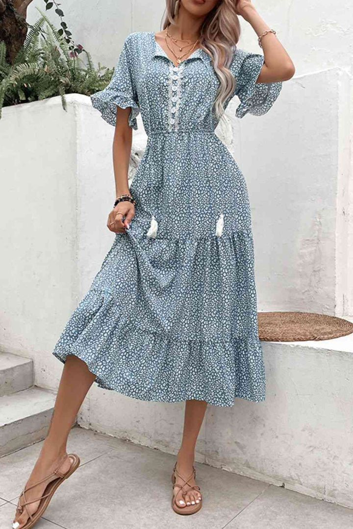 Printed Tassel Tie Flounce Sleeve Dress |1mrk.com