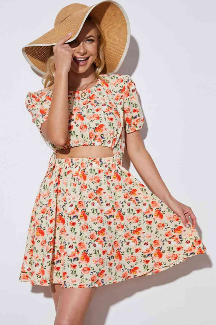 Floral Cutout Short Puff Sleeve Dress |1mrk.com