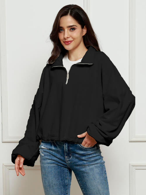 Half-Zip Collared Drop Shoulder Fleece Sweatshirt |1mrk.com