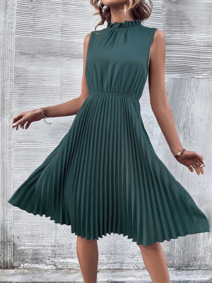 Pleated Frill Mock Neck Sleeveless Dress | Trendsi