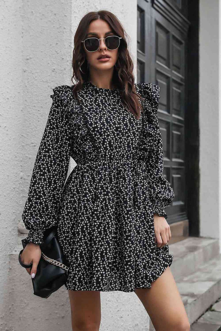 Printed Ruffle Trim Smocked Long Sleeve Mini Dress |1mrk.com