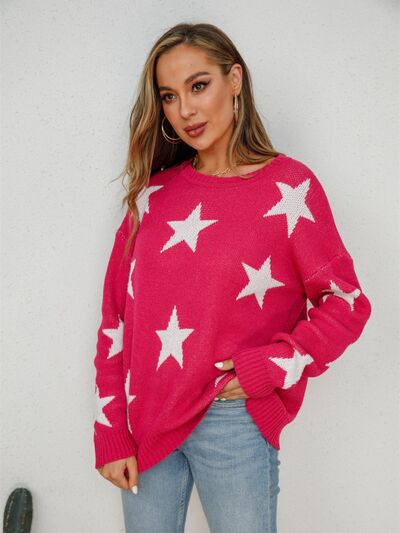 Star Round Neck Dropped Shoulder Sweater |1mrk.com