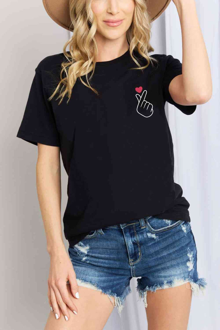 Simply Love Finger Heart Emoji Graphic Cotton T-Shirt | 1mrk.com