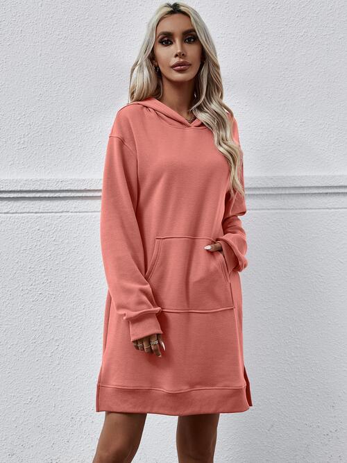 Slit Long Sleeve Hooded Dress with Pocket | 1mrk.com