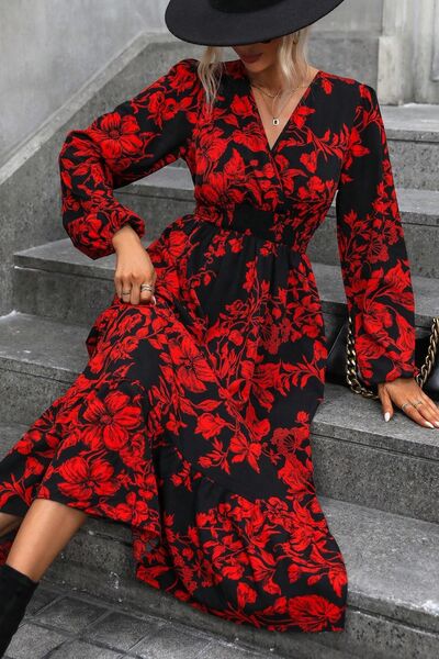 Printed Surplice Balloon Sleeve Midi Dress |1mrk.com