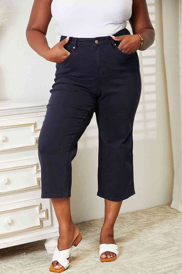 Judy Blue Full Size High Waist Tummy Control Garment Dyed Wide Cropped Jeans | 1mrk.com