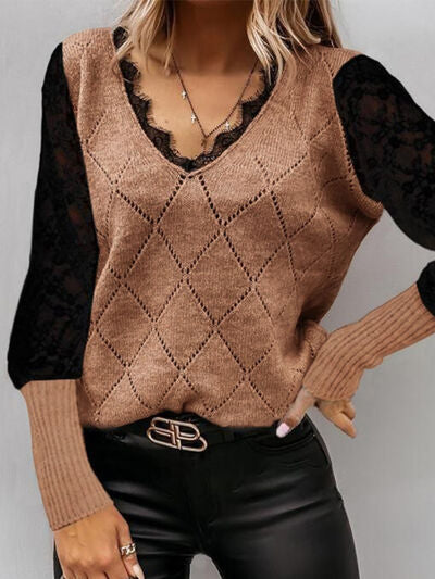 Lace Decor V Neck Two Tone Sweater |1mrk.com