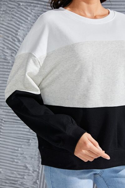 Color Block Round Neck Long Sleeve Sweatshirt |1mrk.com