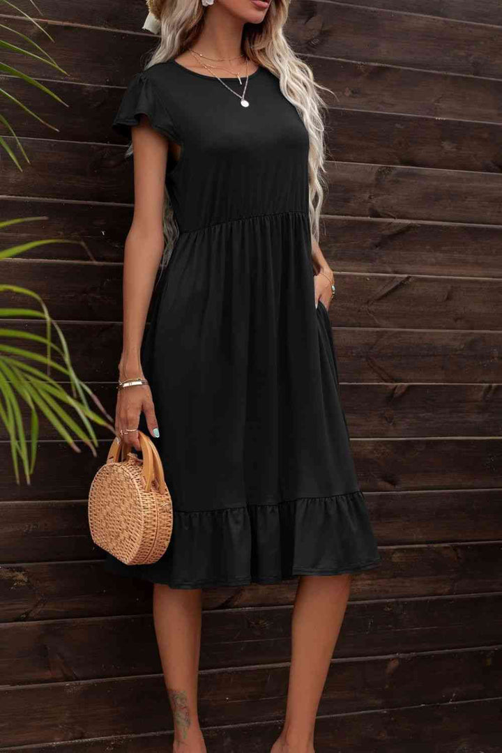 Round Neck Ruffle Hem Pocket Dress |1mrk.com