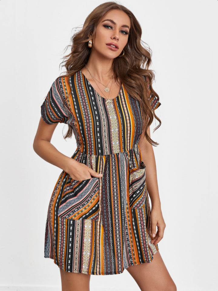 Pocketed Striped Short Sleeve Dress | Trendsi