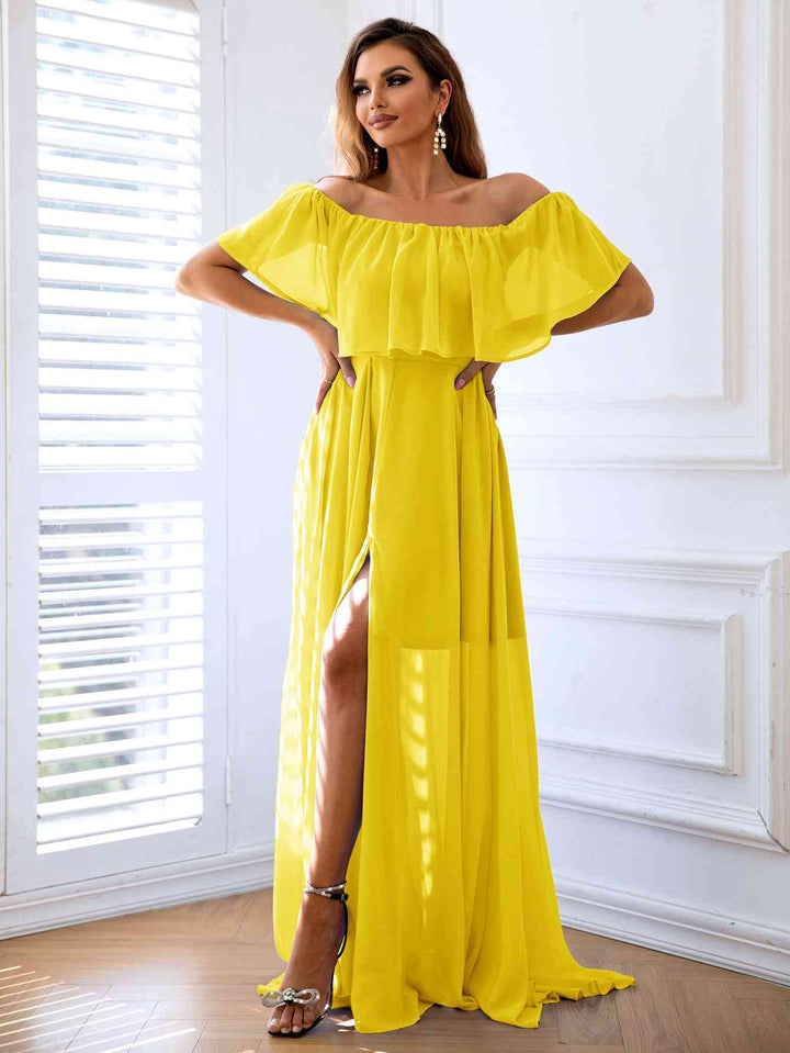 Off-Shoulder Layered Split Maxi Dress | 1mrk.com