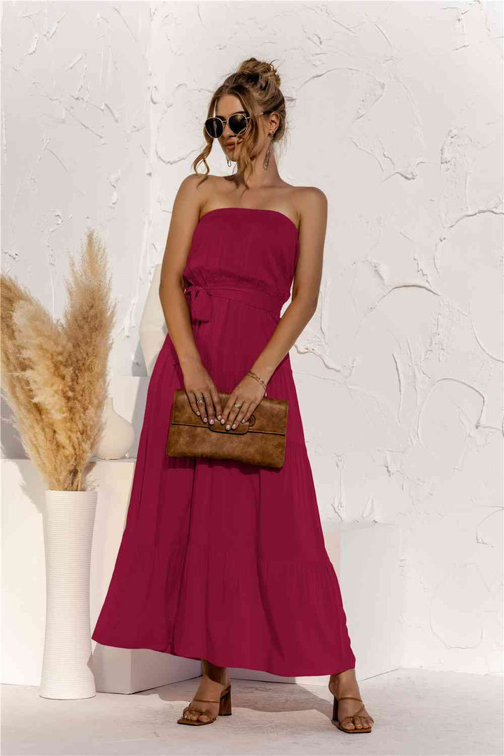 Strapless Tie Waist Tiered Maxi Dress |1mrk.com