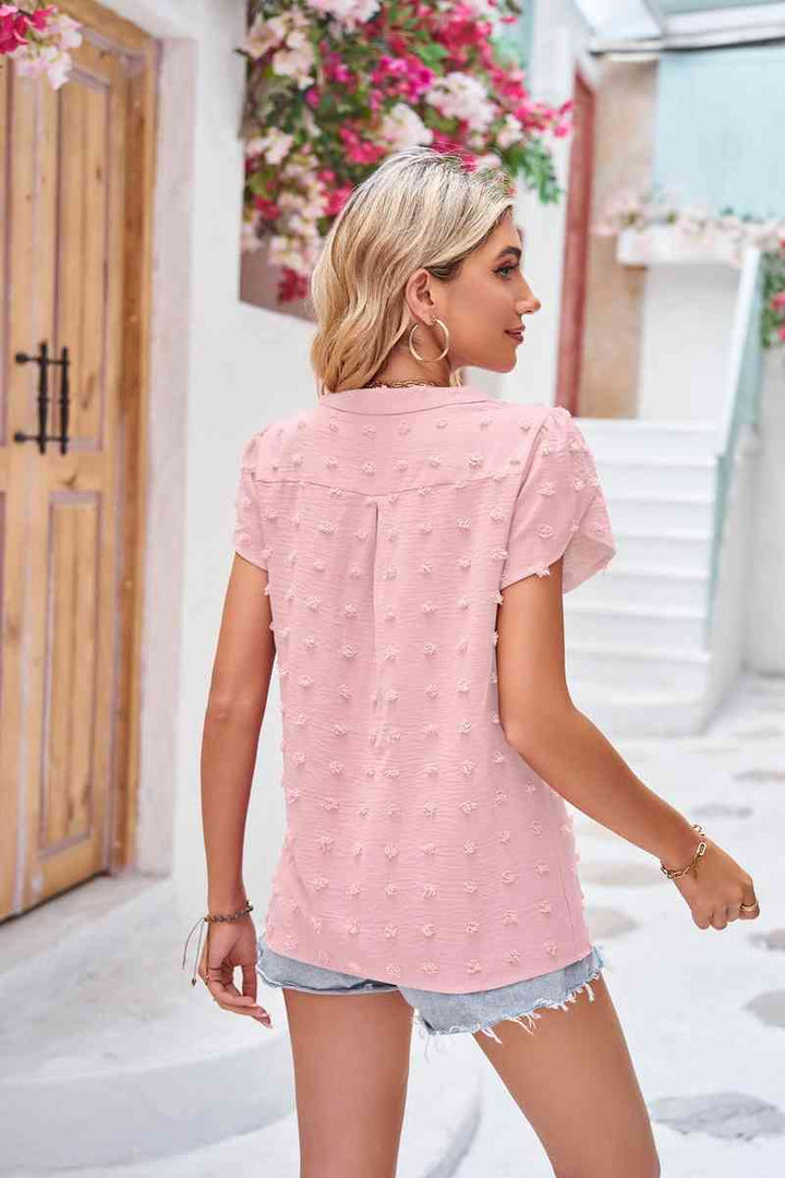 Swiss Dot Petal Sleeve Notched Top | 1mrk.com