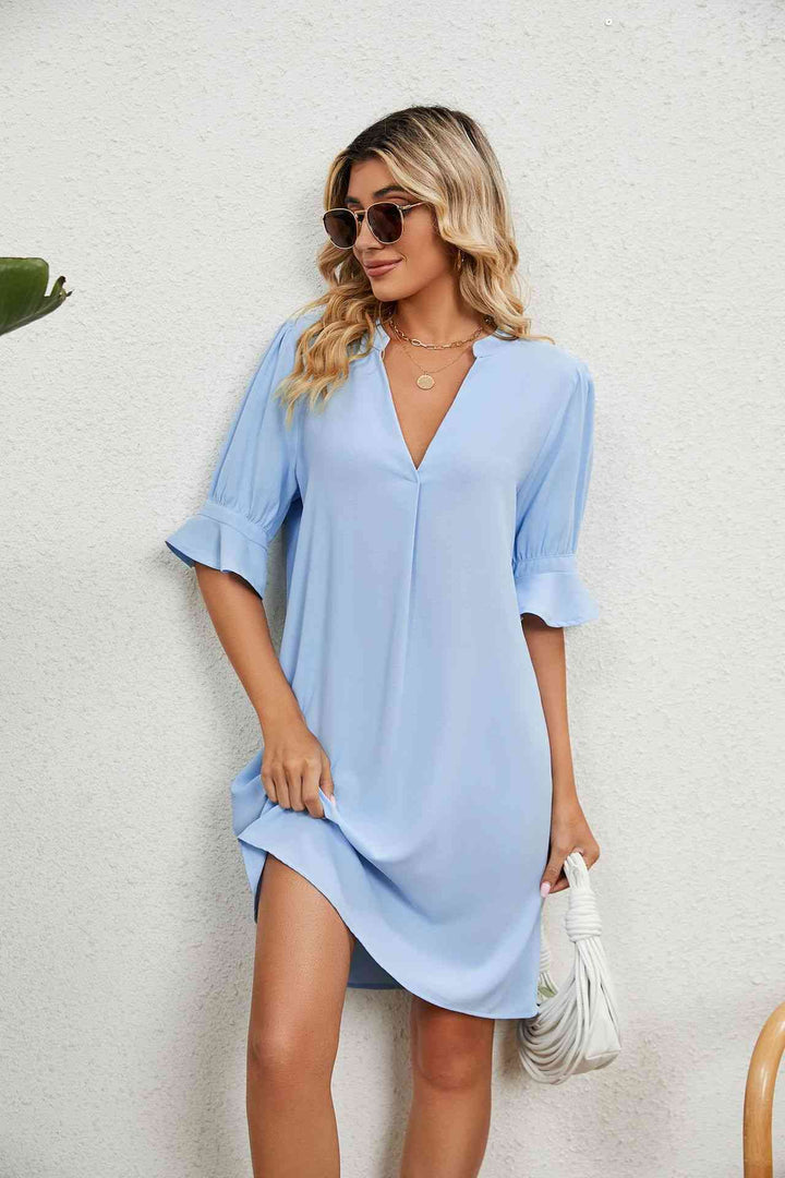 Notched Neck Flounce Sleeve Dress |1mrk.com