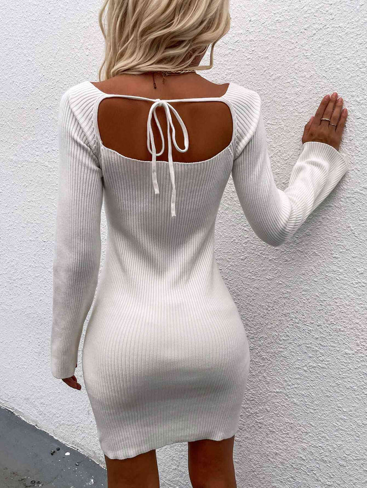 Tie Back Square Neck Long Sleeve Sweater Dress |1mrk.com