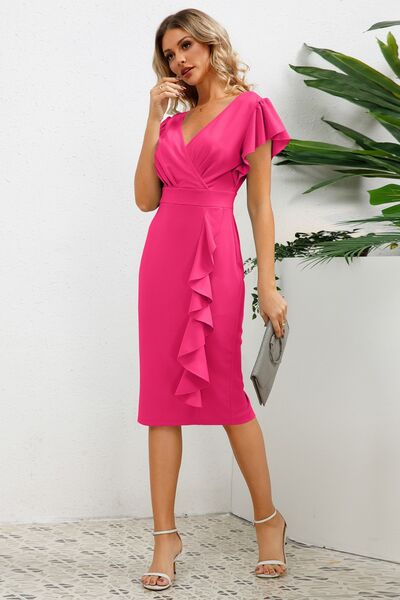 Ruffled Slit Surplice Cap Sleeve Dress |1mrk.com