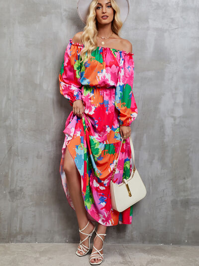 Printed Off-Shoulder Balloon Sleeve Tiered Dress |1mrk.com