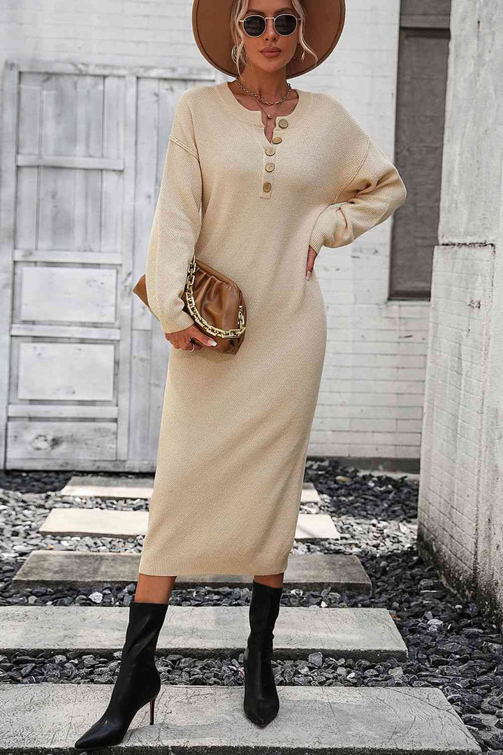 Notched Neck Dropped Shoulder Button-Down Midi Dress | 1mrk.com